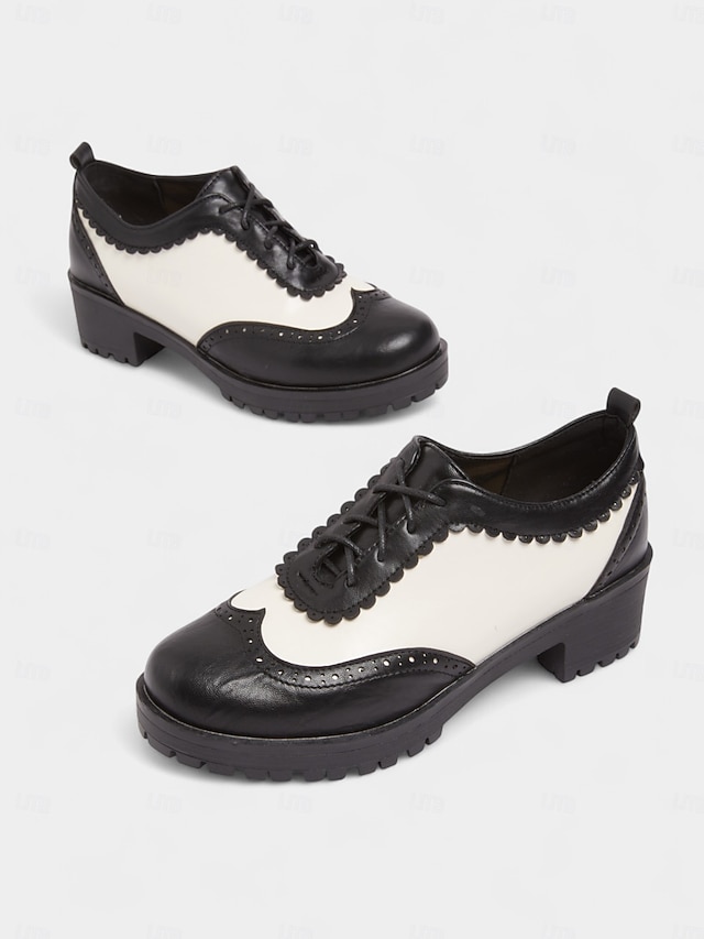 Sapatos oxford brogue vintage preto e branco femininos dos anos 1950 com cadarço e salto baixo - calçados retrô oktoberfest para uso casual, trabalho e cosplay