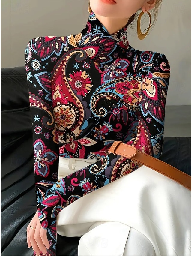  Femmes Tunique Fleuri Élégant Bohème ancien manche longue Col roulé Col haut Hauts Réguliers Sortir Noir Fuchsia Vert Automne Hiver