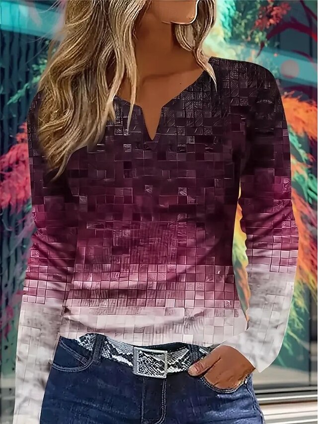 Women's T Shirt Graphic Gradient Abstract Vintage Stylish Classic Long Sleeve V Neck Notched Neck Regular Tops Daily Weekend Print Pink Red Blue Spring Fall Winter4
