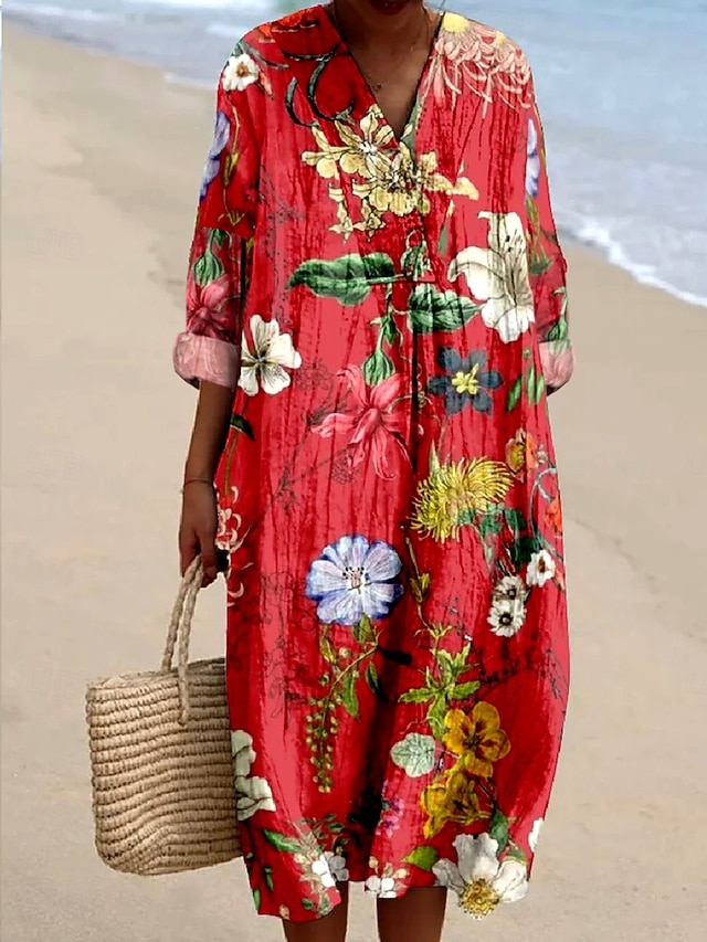  Femmes Robe Midi Robe Décontractée Robe d'Été Robe trapèze Vacances Occasionnel Boho Soirée Fête Plage Coupe Ample Fleuri Graphique manche longue Col en V Rouge Printemps Automne