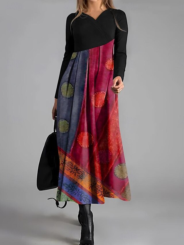 Women's Maxi Dress A Line Dress Casual Daily Regular Fit Graphic Color Block Long Sleeve V Neck Red Blue Purple Spring Fall Winter4