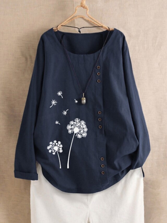 Women's Cotton Linen Shirts Floral Basic Casual Long Sleeve Crew Neck Regular Tops Daily Buttons Print White Navy Blue Summer Fall4
