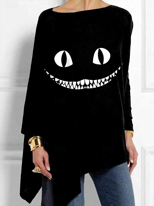 Halloween Women's T shirt Monster Graphic Skull Vintage Stylish Classic Long Sleeve Crew Neck Regular Tops Daily Weekend Print Asymmetrical Black Orange Fall Winter4