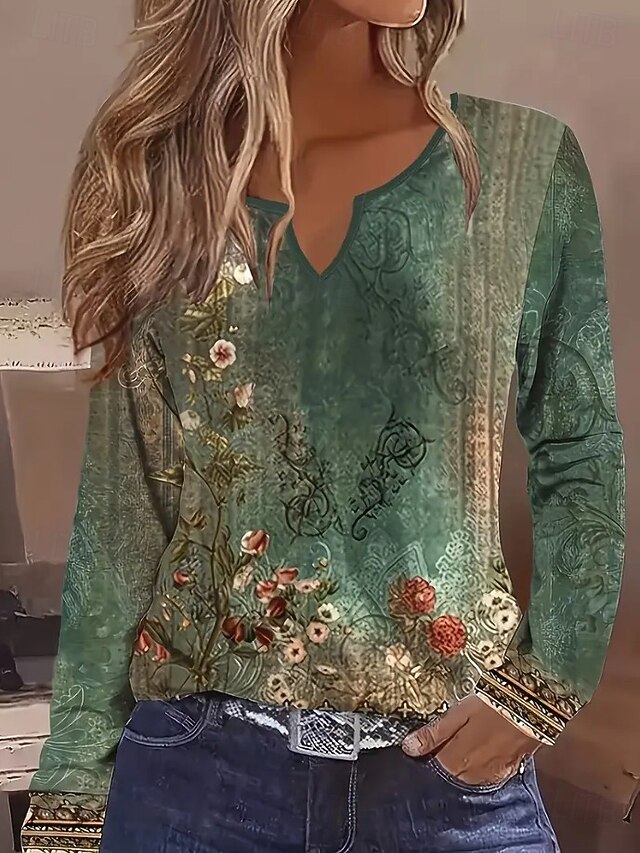 Women's T Shirt Graphic Plants Vintage Stylish Casual Long Sleeve V Neck Notched Neck Regular Tops Daily Weekend Print Green Spring Fall3