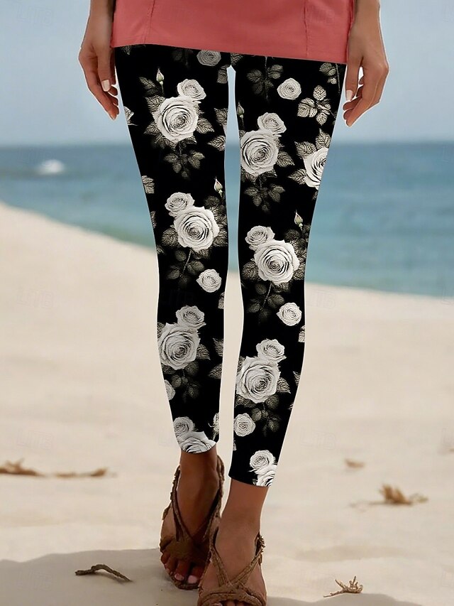 Women's Pants Trousers Leggings Streetwear Casual Full Length High Waist Floral Elastic Waist Print Breathability Comfortable Stretchy Vacation Street Daily Wear Black Summer Spring Fall Regular Fit4