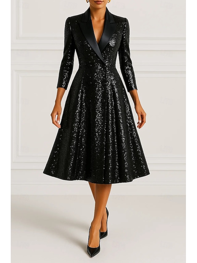  Szmoking ruha A-vonalú Előírásos Szatén Flitter Elegáns Szüret 3/4 ujjú rakott Midi Csúcs hajtóka Dupla soros