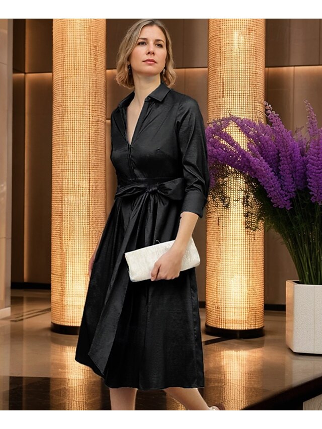  Vestido-camisa para mãe da noiva em corte A, tafetá elástico, elegante, simples e minimalista, gola estilo chá, comprimento até o joelho, tecido elástico, manga 3/4 com laço 2025