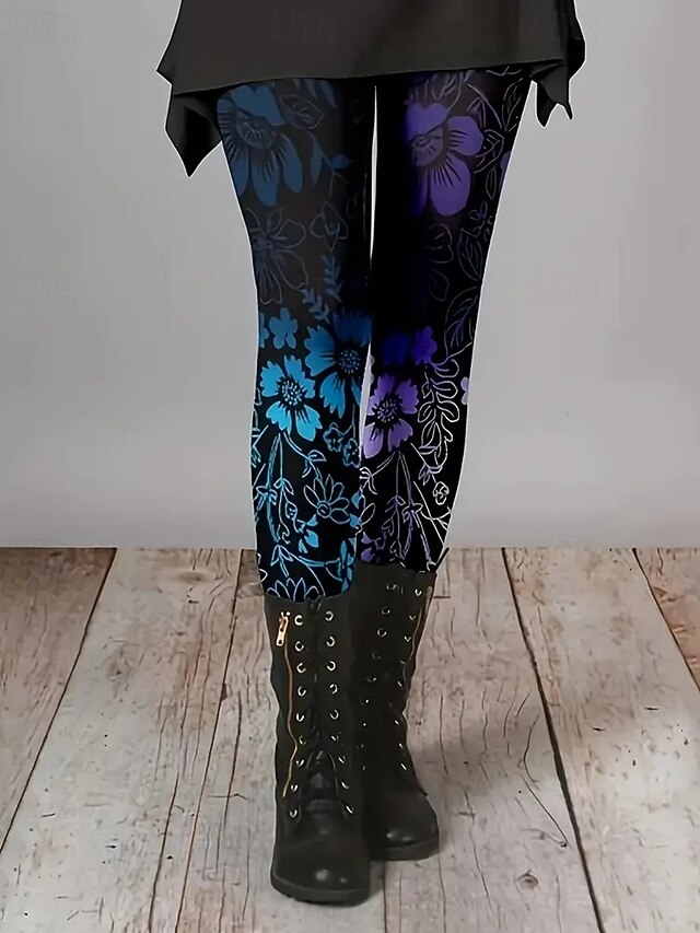 Women's Pants Trousers Leggings Cozy Leggings Streetwear Casual Full Length High Waist Floral Elastic Waist Print Breathability Comfortable Stretchy Vacation Street Daily Wear Blue Spring Fall4