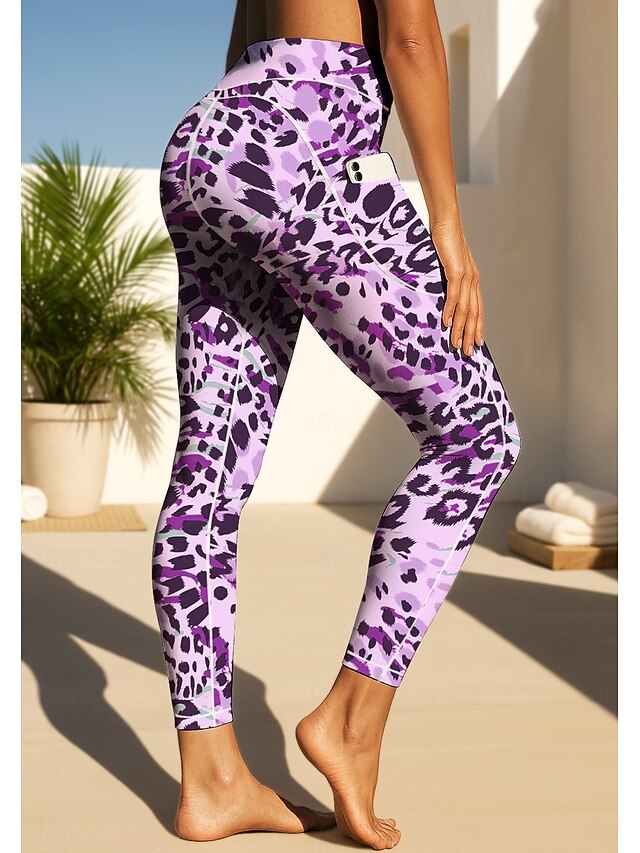Women's Unisex pilates leggings fitness pants Gym Leggings Pockets Stamp Duty Side Pockets Pilates Gym Gym Workout Pants Tights Leggings Graphic Leopard Print Amethyst Sports Activewear Stretchy4