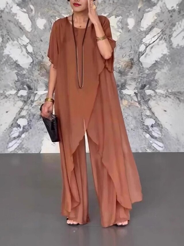 Women's Fashion Streetwear Pants Sets Bolero Top Short Sleeve Crew Neck Solid Color Vacation Casual Daily Black Red Brown Summer Regular Fit4