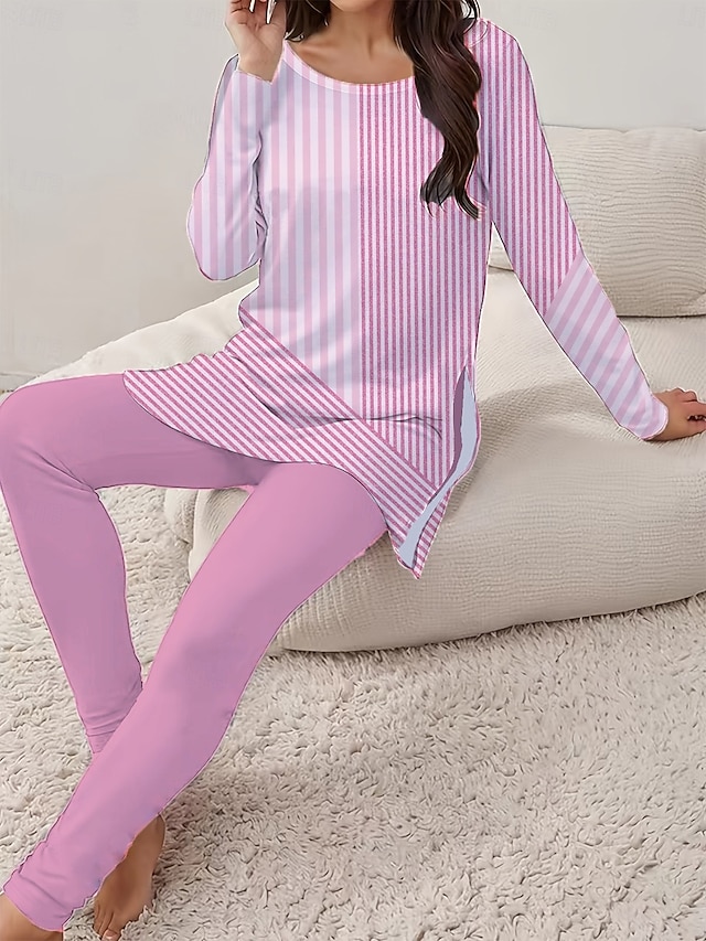  女性用 エレガント 旅行度假风 ファッション Tシャツ パンツセット 長袖 ラウンドネック フラワー グラフィック ストライプ プリント カジュアル／普段着 ピンク 夏 レギュラー