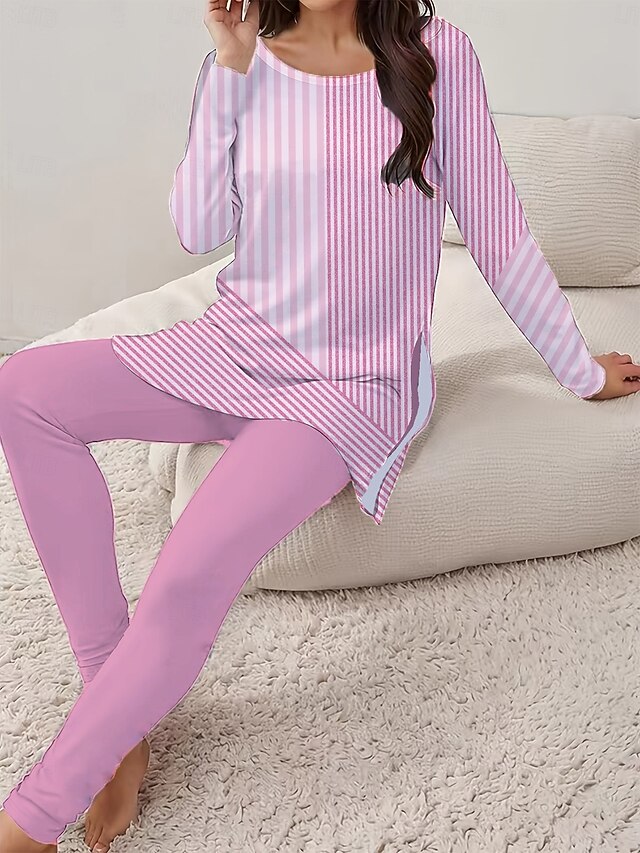 Women's Elegant Vacation Fashion T Shirt Pants Sets Long Sleeve Round Neck Floral Graphic Striped Print Casual Daily Pink Summer Regular Fit4