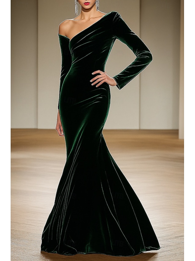  grün schwarz Meerjungfrau/Trompete Abendkleid elegantes Kleid formelle Hochzeit bodenlang langarm schulterfrei Samt mit Falten 2025