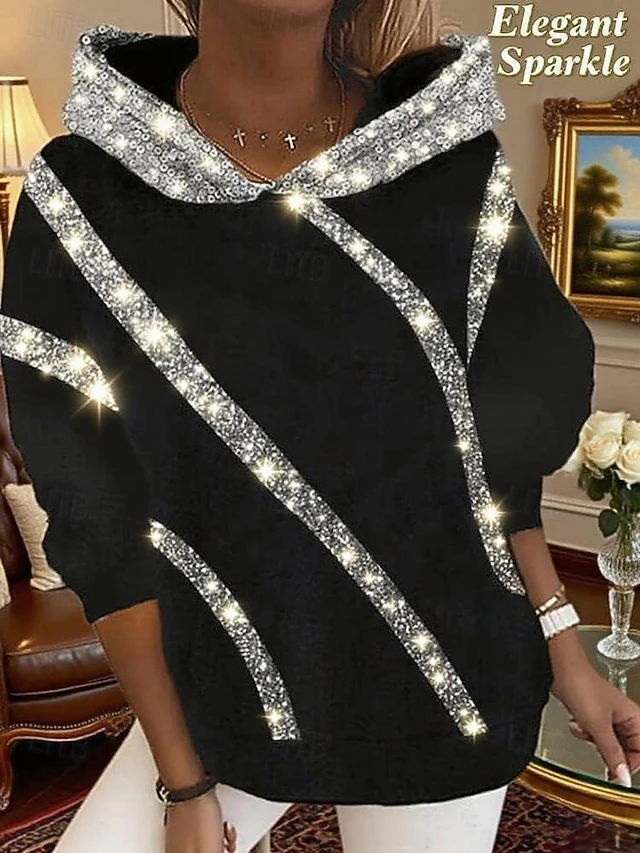 Women's Hoodie Sweatshirt Casual Street Dailywear Hoodie Sequins Patchwork Long Sleeve Black Gray Fall Winter 6