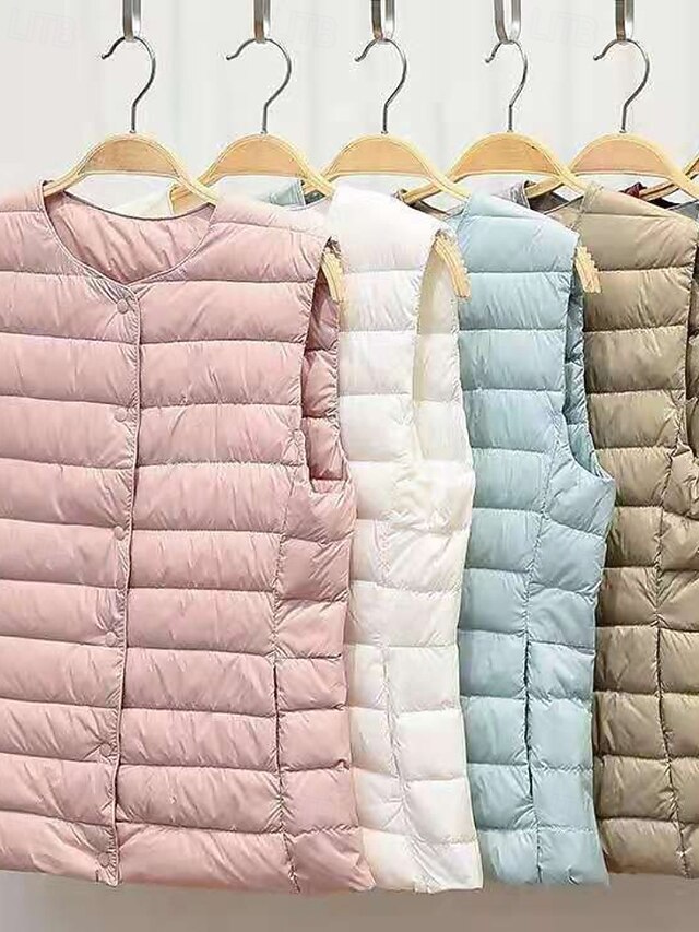  Dame سترة Bekvem Knapper Fritid عادي Ut på byen Helg Enkeltkneppet Normal Crewneck Normal Ermeløs Yttertøy Svart Hvit Kakifarget Høst Vinter