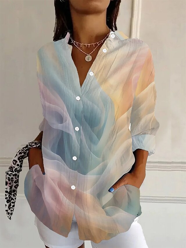 Women's Shirt Button Down Tunic Shirt Collar Long Sleeve Graphic Abstract Daily Stylish Modern Regular Tops Work Daily Holiday s Print Yellow Navy Blue Blue Spring Fall4