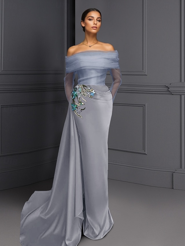  abito da sera elegante blu nero con scollo a V, in raso elasticizzato, con spacco arricciato e perline, lunghezza al pavimento, manica lunga, abito formale da sposa 2025