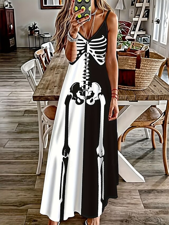 Halloween Women's Skulls Print Maxi Dress Sundress A Line Dress Slip Dress Vacation Casual Home Party Regular Fit Graphic Skull Ethnic Sleeveless V Neck Spaghetti Strap Black And White Fall Winter4