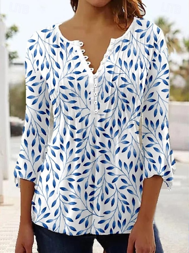  Dame Bluse Nyanse Blomstret Grafisk Elegant Årgang Tropisk 3/4 ermer Volanger erme V-hals Vanlige topper Daglig Ut på byen Rynket Knapper Hvit Blå Sommer Vår Høst