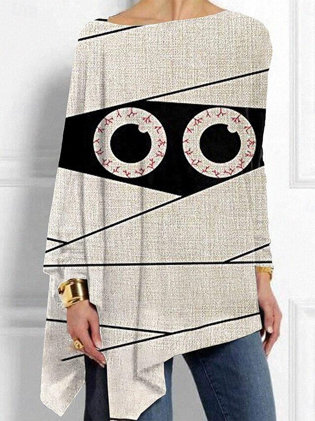 Halloween Women's T shirt Monster Graphic Skull Vintage Stylish Classic Long Sleeve Crew Neck Regular Tops Daily Weekend Print Asymmetrical Khaki Fall Winter4