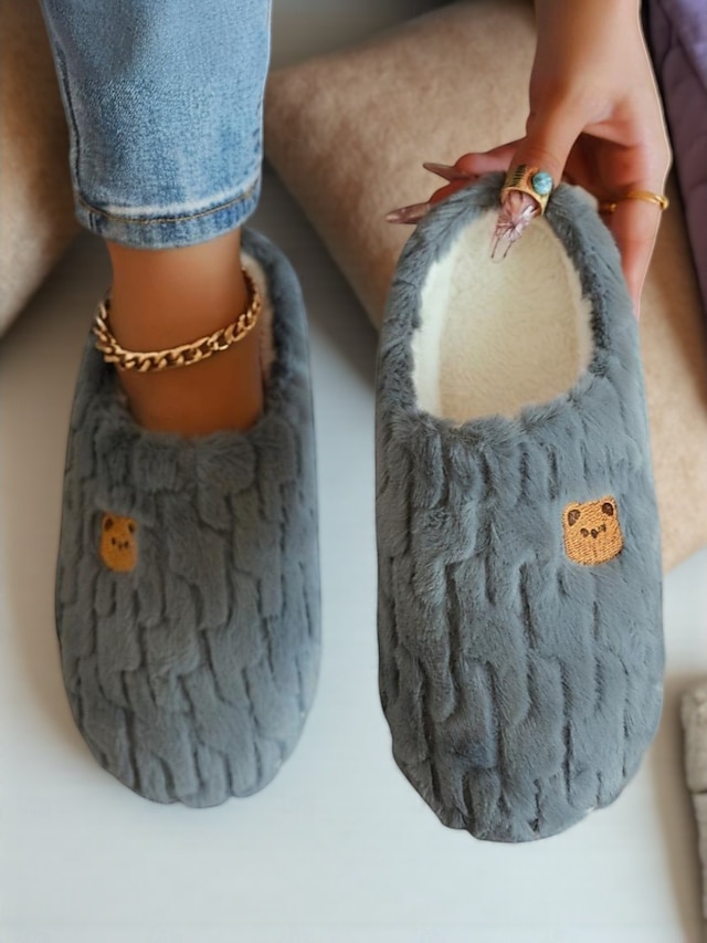  Papuci de pluș pentru femei cu desene animate și broderie cu ursuleți – pantofi moi și confortabili pentru dormitor și pentru uz casnic iarna