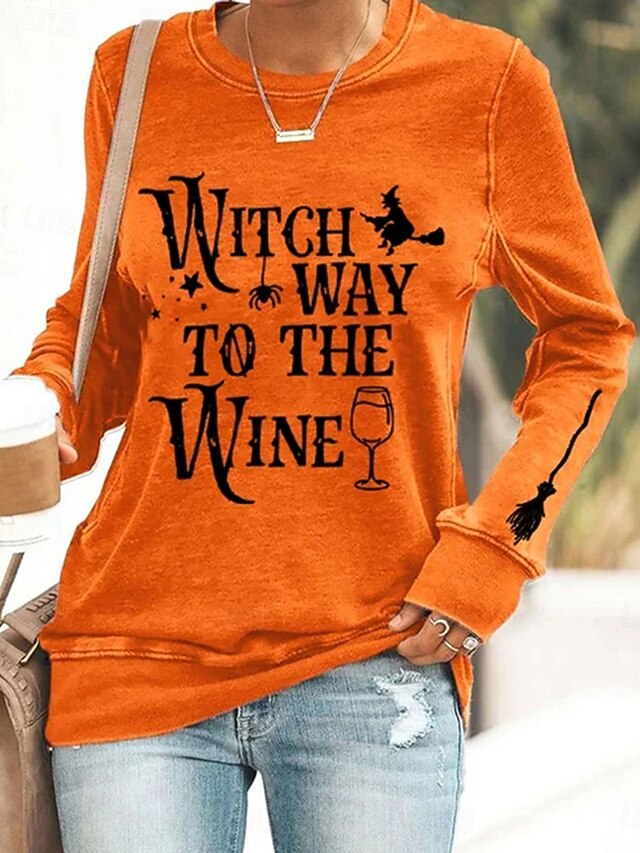 Halloween Women's Pullover Sweatshirt Witch Graphic Letter Casual Long Sleeve Crew Neck Round Neck Regular Tops Street Casual Holiday Print Black Orange Gray Spring Fall Winter4