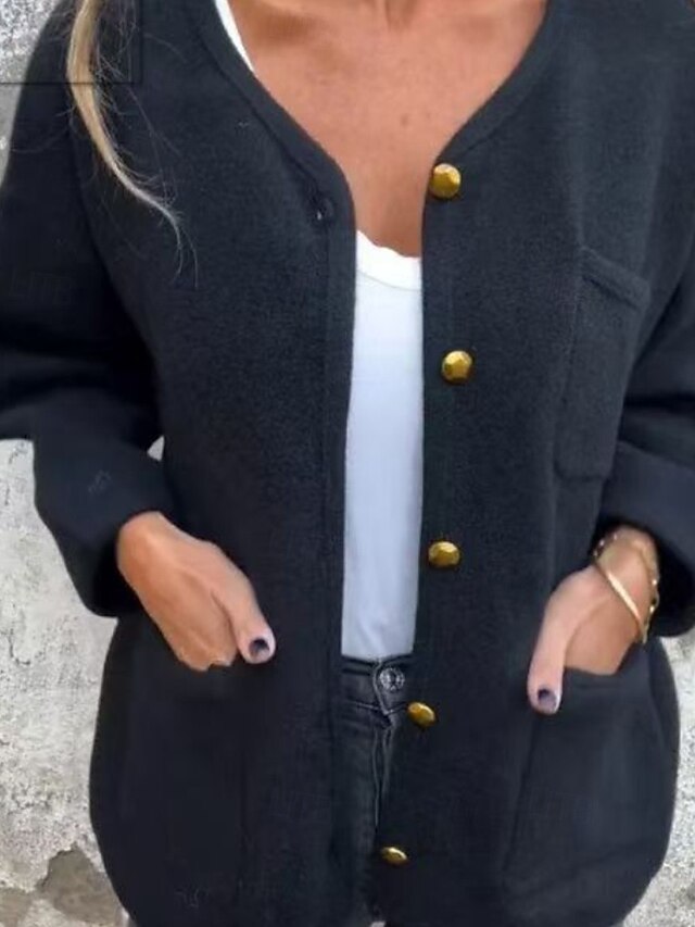 Women's Jacket Warm Comfortable Pocket Buttons Fashion Plain Going out Casual Daily Weekend Single Breasted Regular Crewneck Regular Fit Long Sleeve Outerwear Black White Khaki Fall Winter4