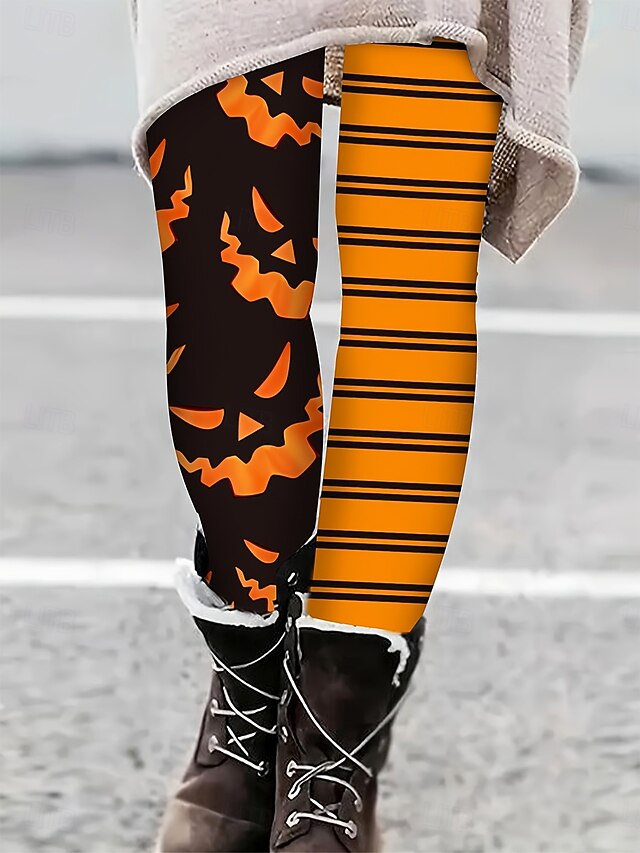 Women's Leggings Vacation Vintage Fashion Full Length High WaistPantsHalloween Graphic Pumpkin Striped Printing Soft Breathable Stretchy Formal Outdoor Vacation Orange Spring Fall Winter Slim Fit4