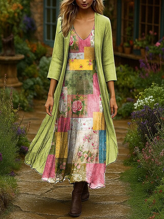 Women's Dress Set Maxi Dress A Line Dress Vacation Boho Floral Graphic Layered Print Maxi Dress 3/4 Length Sleeve V Neck Outdoor Daily Pink Blue Green Spring Fall Regular Fit4