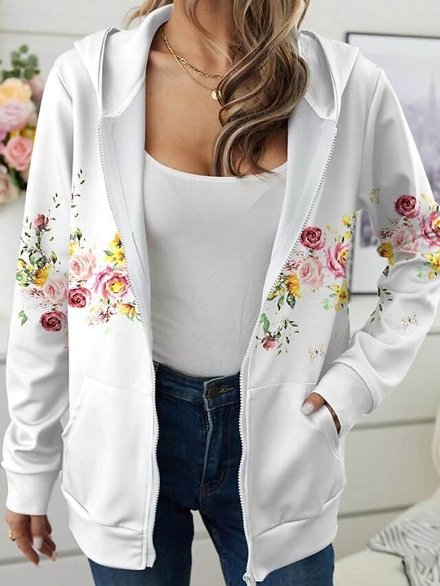 Women's Casual Jacket Hoodie Jacket Comfortable Zipper Pocket Print Fashion Flower Street Daily Casual Daily Weekend Zipper Regular Hooded Regular Fit Long Sleeve Outerwear White Fall Winter4