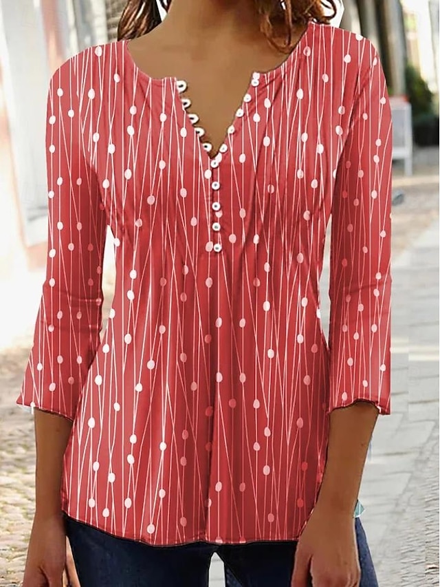  Mulheres Blusa Gráfico Poá Elegante à moda Moderno Manga 3/4 manga babado Decote V Tops regulares Trabalho Diário Feriado Franzido Botões Vermelho Azul Verde Cinzento Verão Primavera Outono