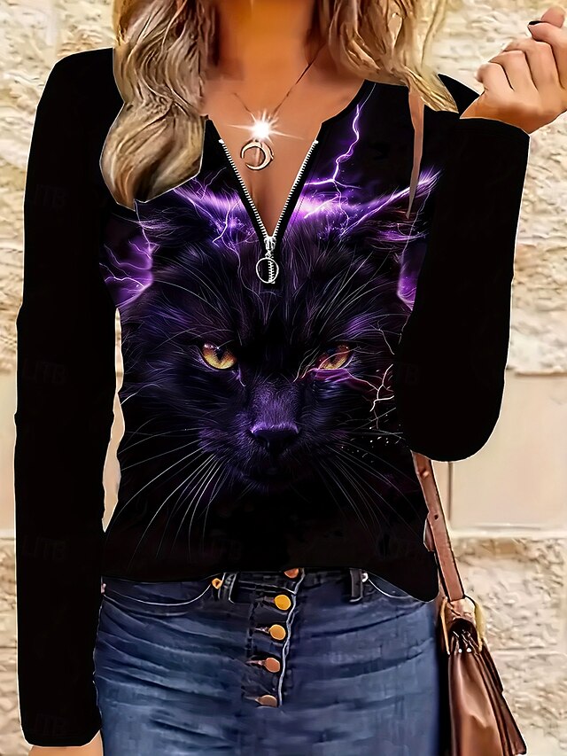 Halloween Women's T shirt Black Cat Graphic Animal Cat Elegant Vintage Stylish Long Sleeve V Neck Round Neck Notched Neck Regular Tops Daily Weekend Zipper Print Purple Spring Fall Winter4