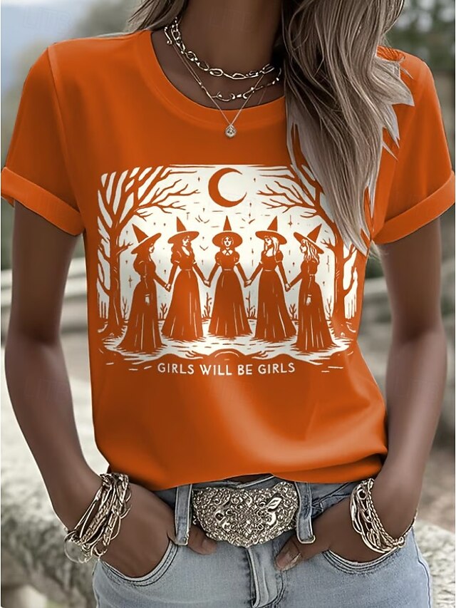 Halloween Women's T shirt Witch Graphic Vintage Stylish Classic Short Sleeve Crew Neck Round Neck Regular Tops Daily Weekend Print Black Orange Green Fall Winter4