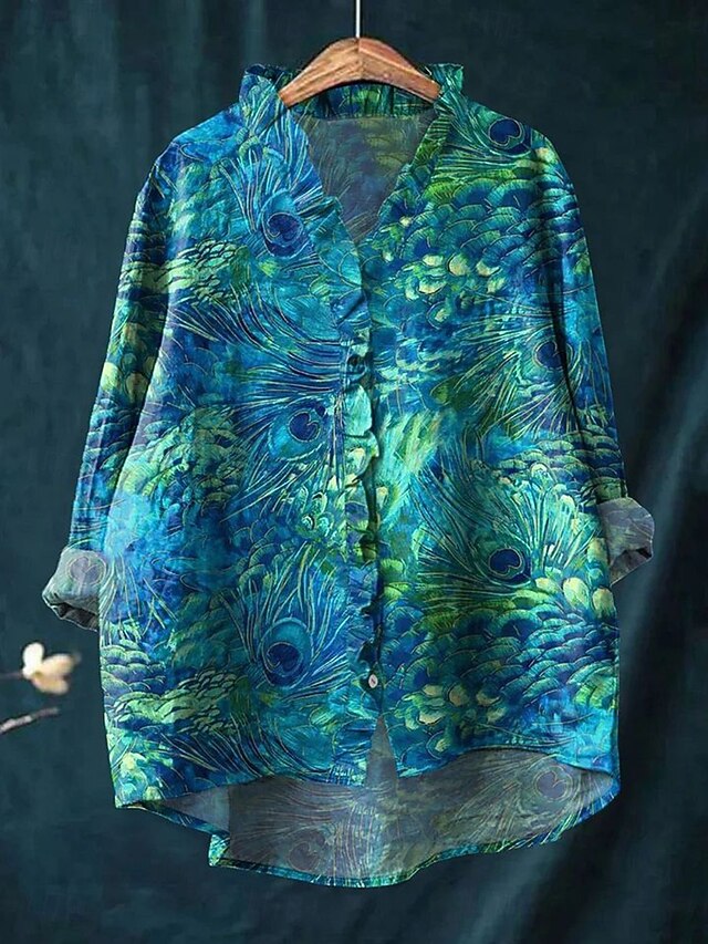 Women's Boho Shirt Graphic Animal Elegant Bohemia Active Long Sleeve Regular Tops Daily Holiday Going out Ruffle Blue Green Light Blue Summer Spring Fall4
