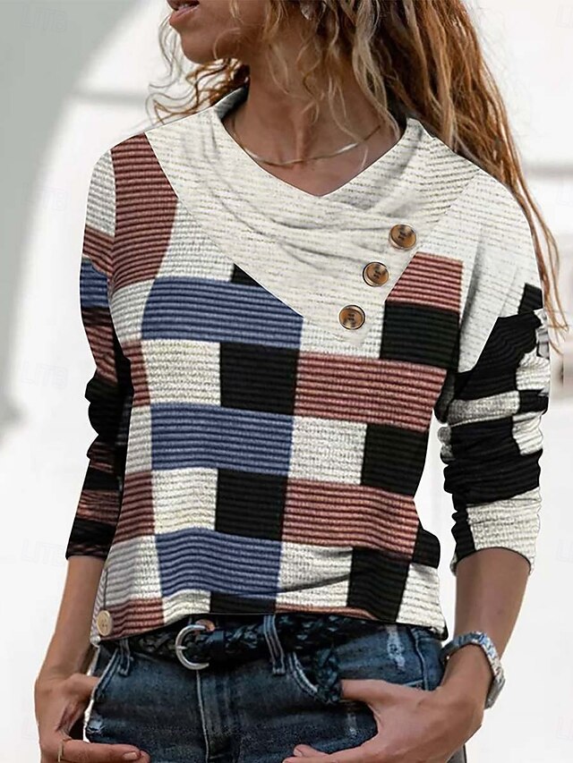 Women's T shirt Long Sleeve Geometric Abstract Vintage Stylish Basic Long Sleeve Pile Neck V Neck Regular Tops Daily Weekend Buttons Print White Gray Spring Fall Winter Prefall4