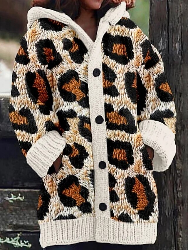 Women's Cardigan Vacation Daily Floral Ribbed Hooded Knitted Print Front Pocket Long Sleeve Regular Tops Knit Outdoor Daily Holiday Yellow Khaki Fall Winter4