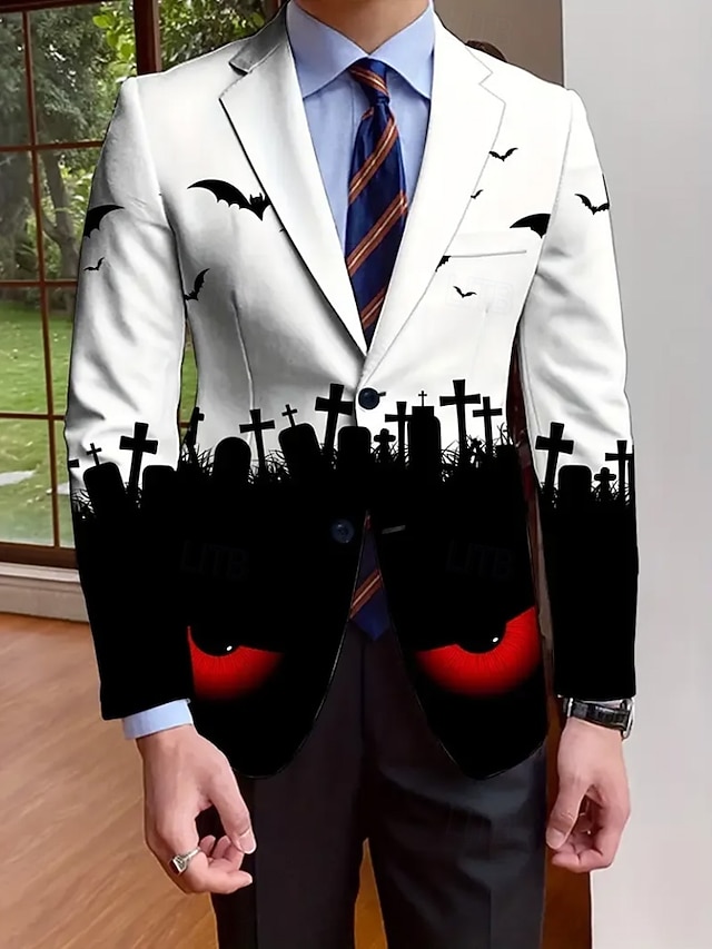  Halloween Herre Frakke Blazer udendørs Gade Festival Afslappet Hverdag Alle årstider 100% Polyester Flagermus 3D-udskrivning Knapper Bekvem Enradet Blazer Hvid Lilla Orange