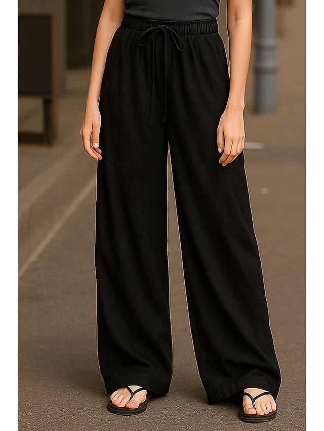  Mujer Perneras anchas Chinos Básico Casual Longitud total Alta cintura Plano Bolsillo Cintura elástica Confortable Suave Cómodo Elástico Exterior Calle Negro Rosa Azul Marino Café Verano Primavera