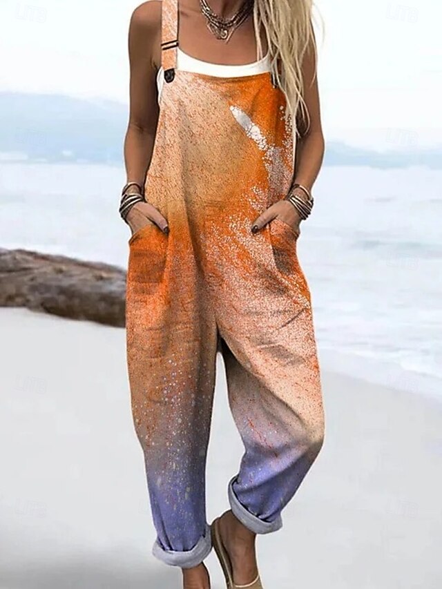 Women's Dungarees Active Floral Sleeveless Sleeveless Straight Square Neck Pocket with Pocket Vacation Daily Loose Fit Pink Orange Khaki Summer4