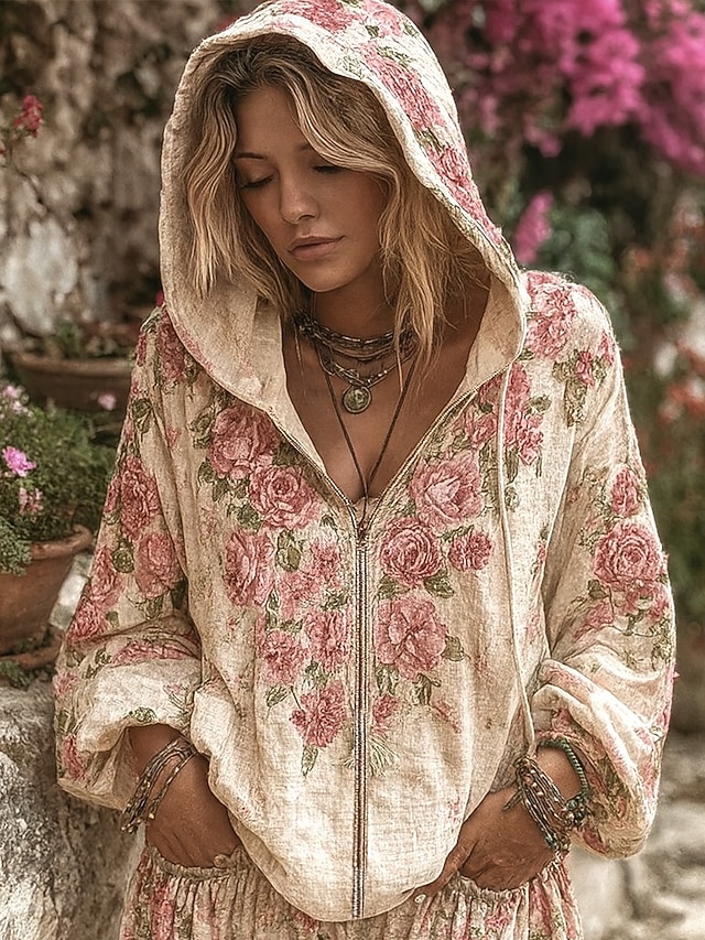  Femmes Sweats à capuche zippés Fleuri Punk Actif ancien manche longue À capuche Hauts Réguliers Maison Tenue Quotidienne Occasionnel Patchwork Rose Claire Gris foncé Beige Automne Hiver