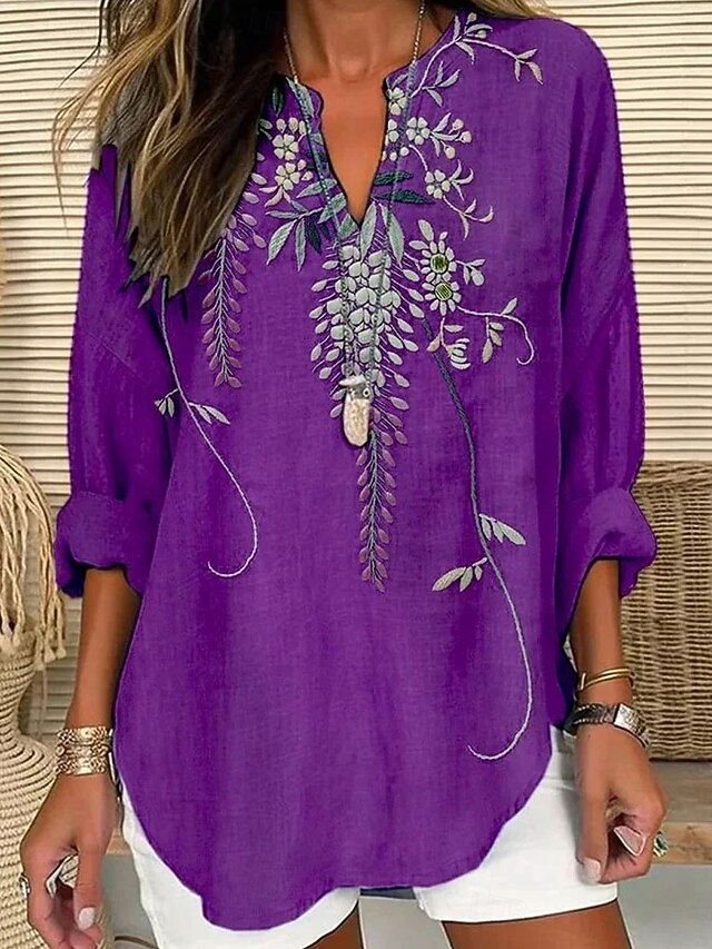 Women's Blouse Floral Graphic Vintage Daily Stylish Long Sleeve Notched Neck Regular Tops Daily Holiday Print Blue Purple Spring Fall3