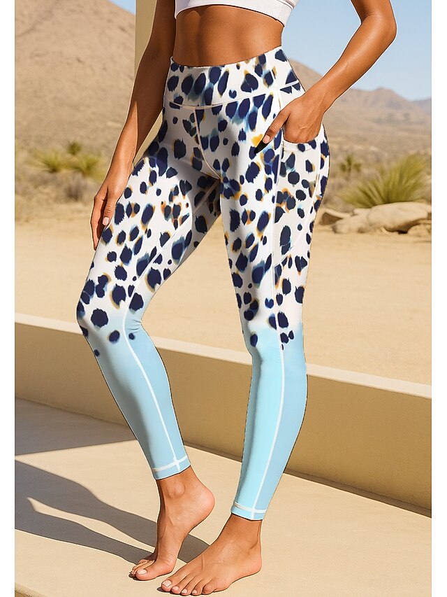 Women's Unisex pilates leggings fitness pants Gym Leggings Pockets Stamp Duty Side Pockets Pilates Gym Gym Workout Pants Tights Leggings Graphic Leopard Print Blue and White Sports Activewear Stretchy4