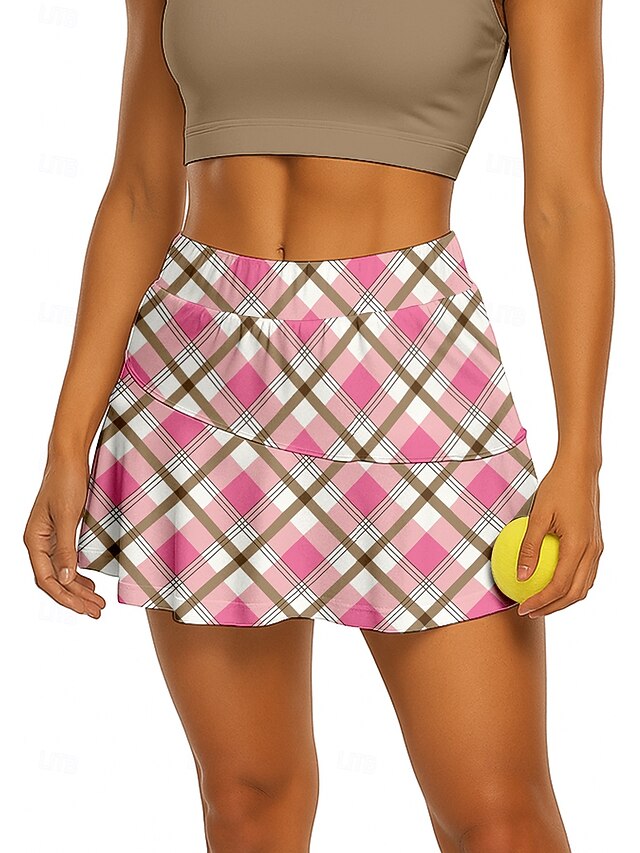 Women's Plaid Checkered Tennis Skirts Patchwork Pocket 2 in 1 UPF50+ UV Resistant With Pockets Volleyball Tennis Badminton Shorts Skirt Pink Tennis Clothing4