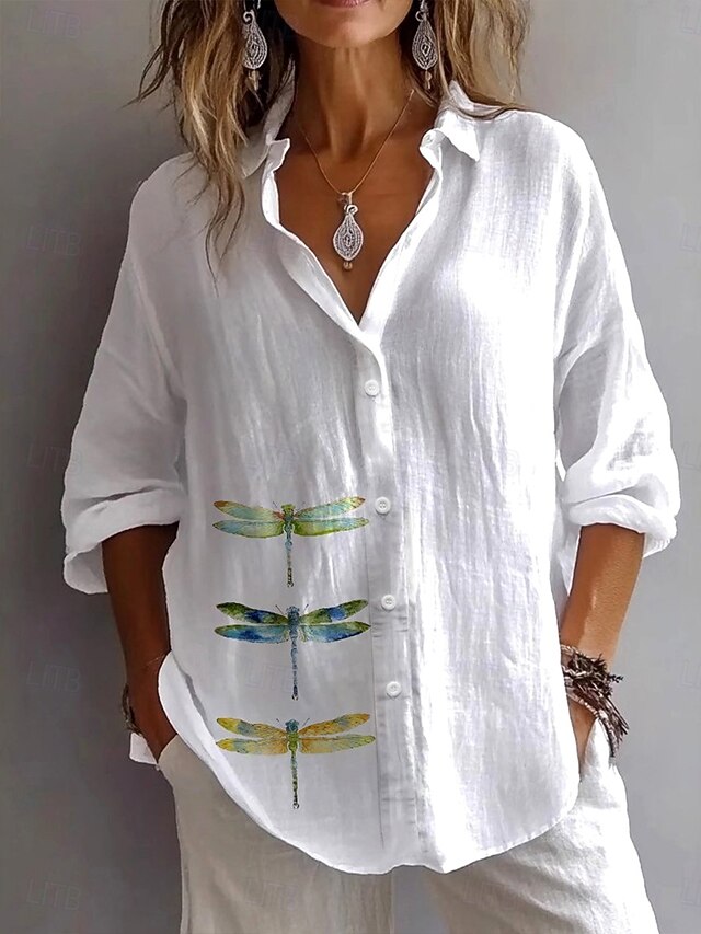 Women's Shirt Graphic Animal Dragonfly Vintage Tropical Daily Long Sleeve Shirt Collar Regular Tops Work Daily Holiday Buttons Print White Summer Spring Fall2