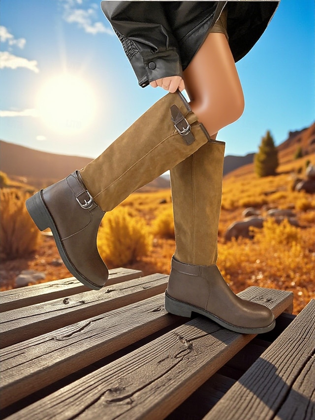  bottes hautes à tige réglable pour femmes - combinaison de daim et de similicuir avec détail de boucle, chaussures de style équitation à la mode pour les tenues décontractées urbaines et les vêtements