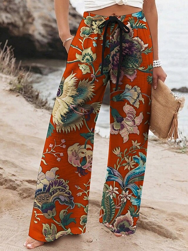 Women's Wide Leg Pants Trousers Retro Vintage Plush Long High Waist Floral Elastic Waist Printing High Cut Breathability Soft Micro-elastic Vacation Street Daily Wear Red Spring Fall Regular Fit4