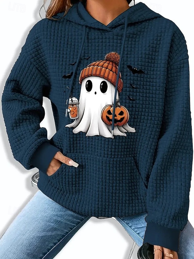  Bluzy damskie z kapturem na Halloween, z nadrukiem dyni, z długim rękawem, z kapturem, na co dzień, z kieszeniami, z nadrukiem, czarne, różowe, niebieskie i szare, na jesień i zimę
