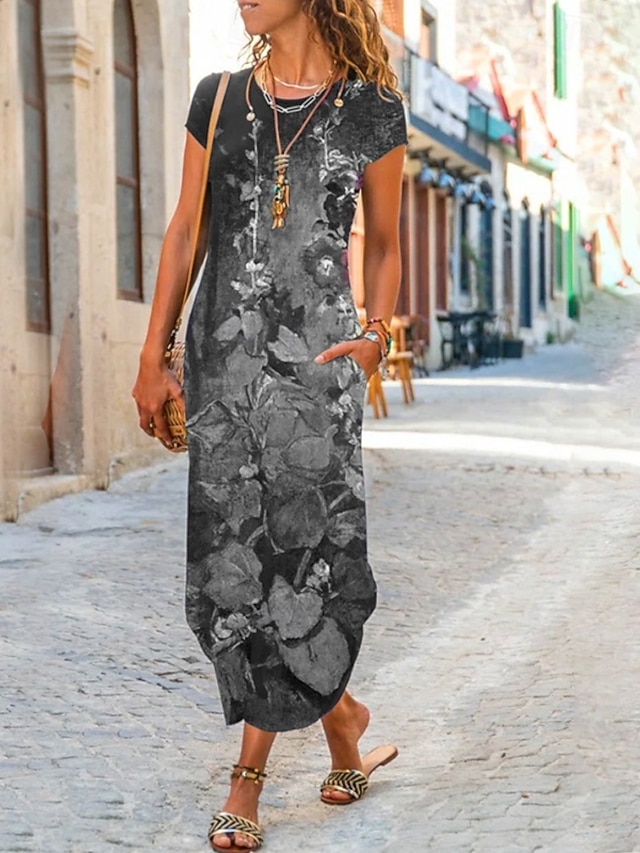  Damen Maxikleid Etui-Kleid T-Shirt-Kleid Lässig Boho Hochzeitsgast Täglich Date Blumen Grafik Langarm Rundhalsausschnitt Blau Grün Grau Frühling Herbst Winter