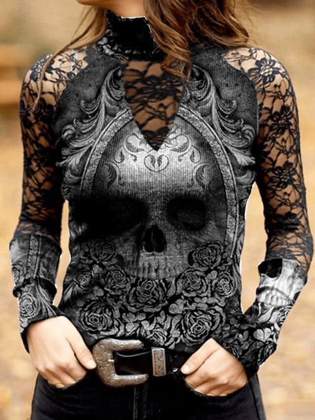 Halloween Women's Blouse Vintage Rock Hippie Long Sleeve High Neck Regular Tops Daily Print Black Green Spring Fall Winter4