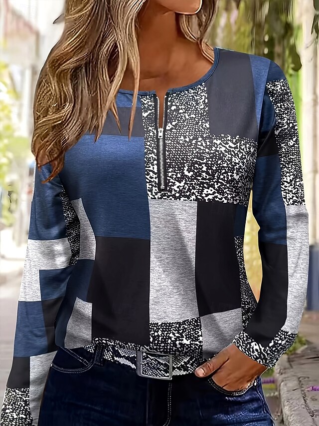 Women's T Shirt Graphic Geometric Color Block Vintage Stylish Classic Long Sleeve Crew Neck Round Neck Regular Tops Daily Print Navy Blue Spring Fall Winter4